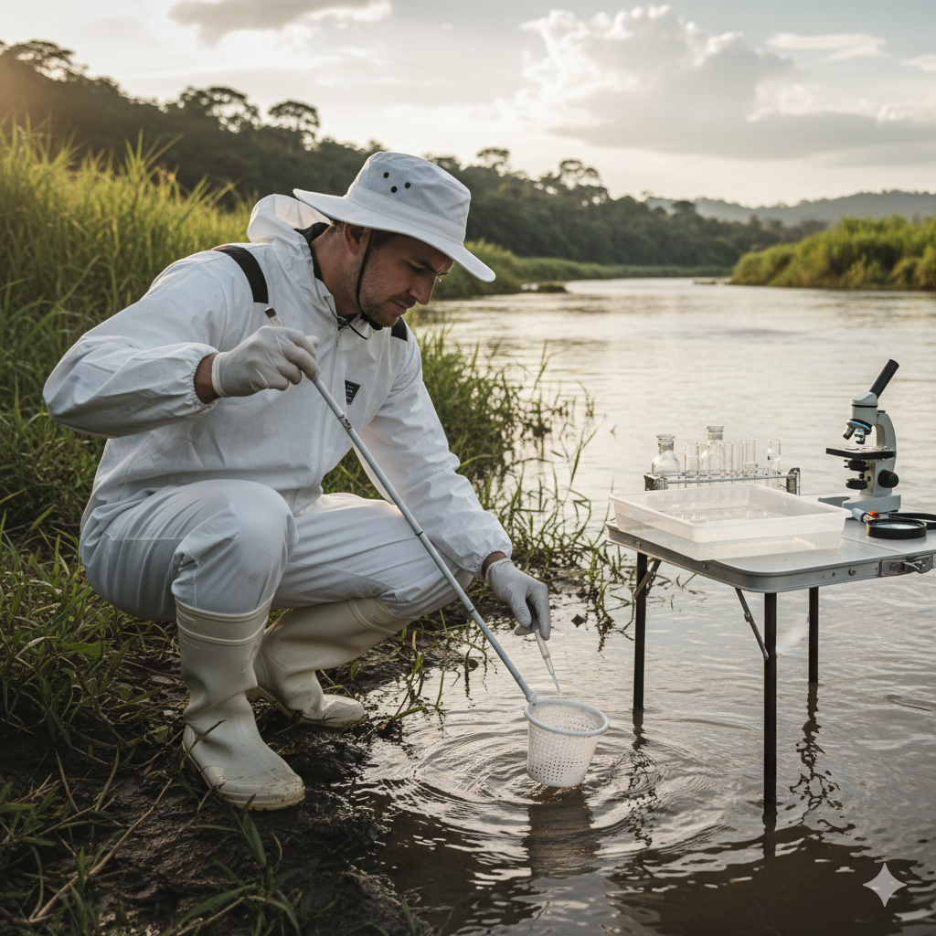 Scientist with microscope